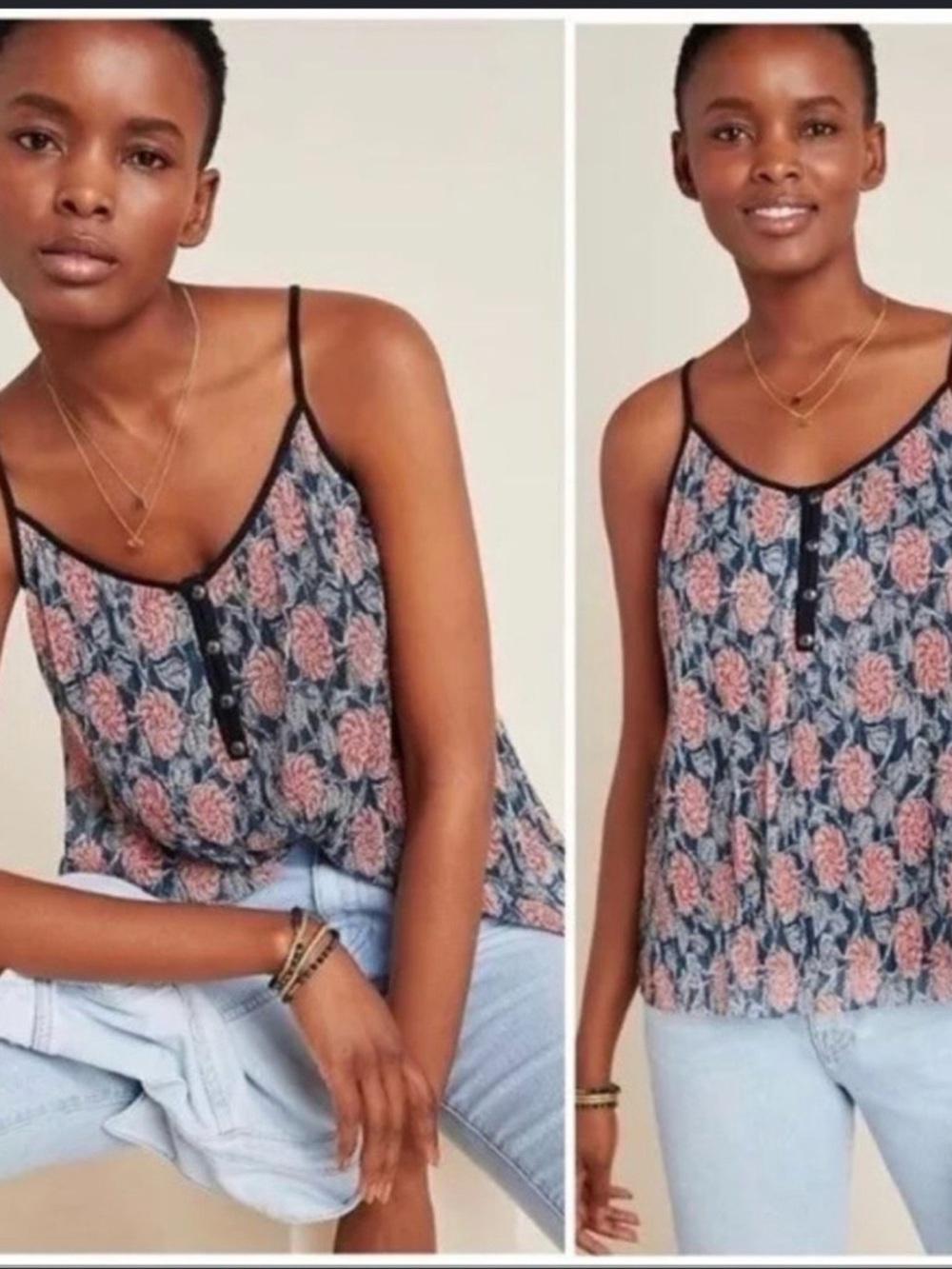 Anthropologie Floral Button-Front Spaghetti-Strap Tank in Blue and Pink
